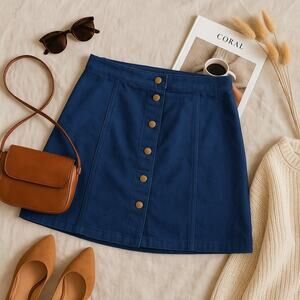 Old Navy Faux Suede Snap Button Front Skirt Blue High Waist A Line Womens 14